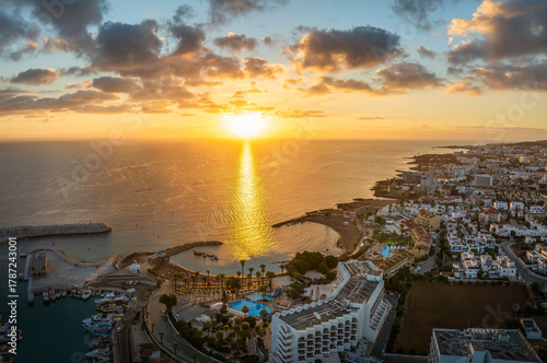 Aerial view with Kalamies Beach at sunrise time in Protaras, Cyprus