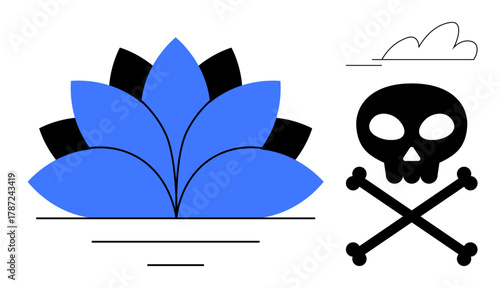 Blue lotus flower symbolizes peace skull and crossbones evoke danger. Ideal for harmony, conflict, life balance, life and death, nature, warning, mindfulness concept. Simple flat metaphor