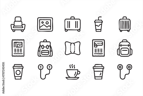 Travel comfort and journey essentials vector icons for airport and trip visuals