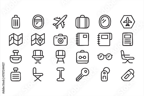 Modern line art vector icons for tourism and trip planning projects