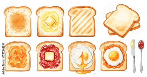 水彩のトーストと朝食イラストセット,パン,バター,ジャム,目玉焼き,手描き,ベクター
