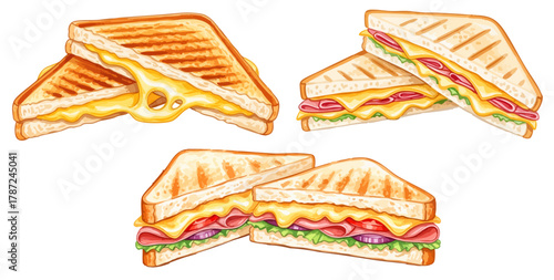 水彩のホットサンド・グリルドチーズサンドイラストセット,トースト,ランチ,チーズ,ハム,ベクター