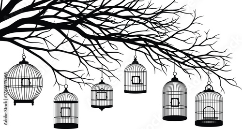 Black silhouette tree branches with hanging empty birdcages, freedom concept, confinement, loneliness, abstract art, minimal design, symbolic illustration, contrast