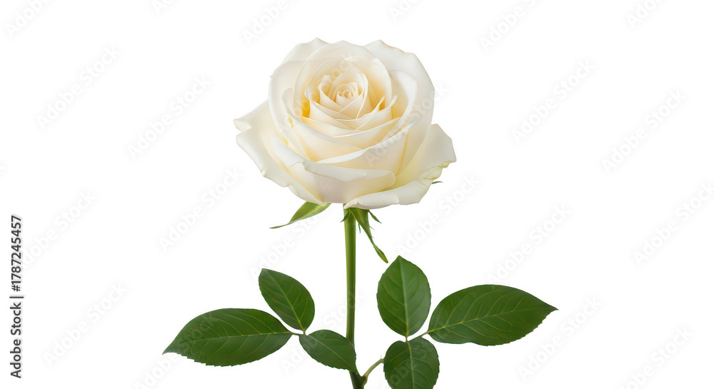 Obraz premium Elegant White Rose With Green Leaves On Black Background