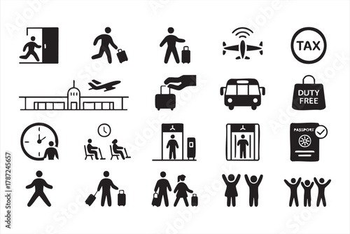 Modern black travel icons for airport, aviation, and passenger design