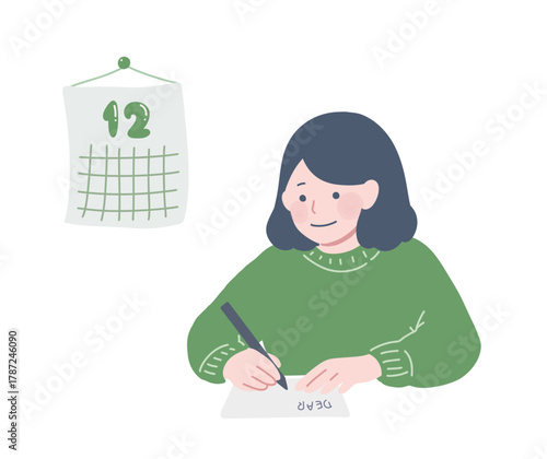 12月　手紙を書く女の子　胸上　笑顔