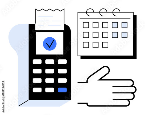 Payment terminal issuing receipt, calendar indicating dates, hand suggesting action or approval. Ideal for payment processing, scheduling, finance, business operations, workflow management