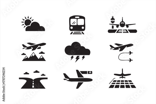 Black and white aviation and weather icons for airport and travel design