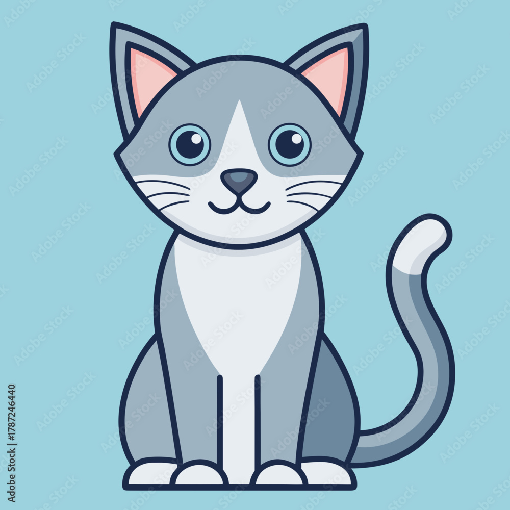Obraz premium Cute cartoon grey and white cat sitting on a blue background