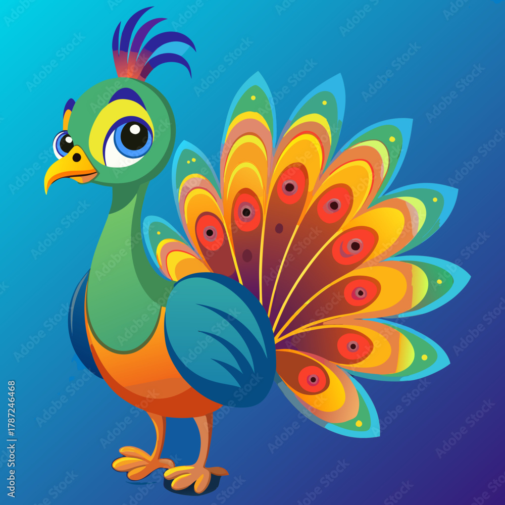 Obraz premium Cartoon peacock with colorful feathers and big eyes