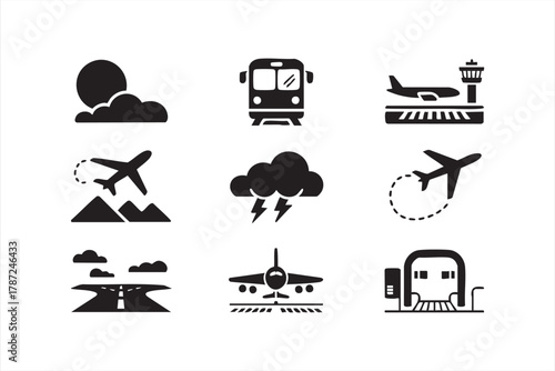 Modern aviation and transport silhouette icon set for design projects