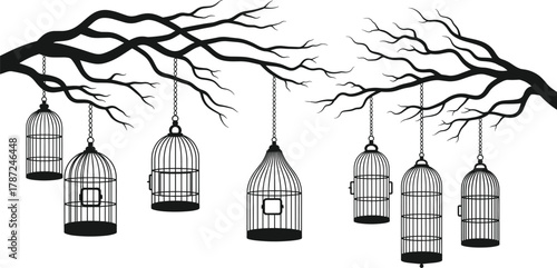 Black and white illustration, birdcages hanging, open and closed cages, freedom and confinement, eerie branches, surreal artwork, symbolic nature, dramatic composition