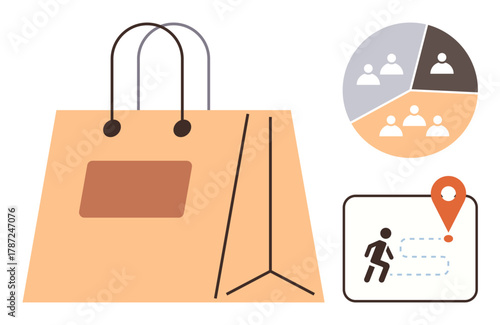 Large shopping bag with handle, pie chart for customer demographics, and delivery path with a location pin. Ideal for retail, e-commerce, marketing, customer segmentation, delivery, logistics