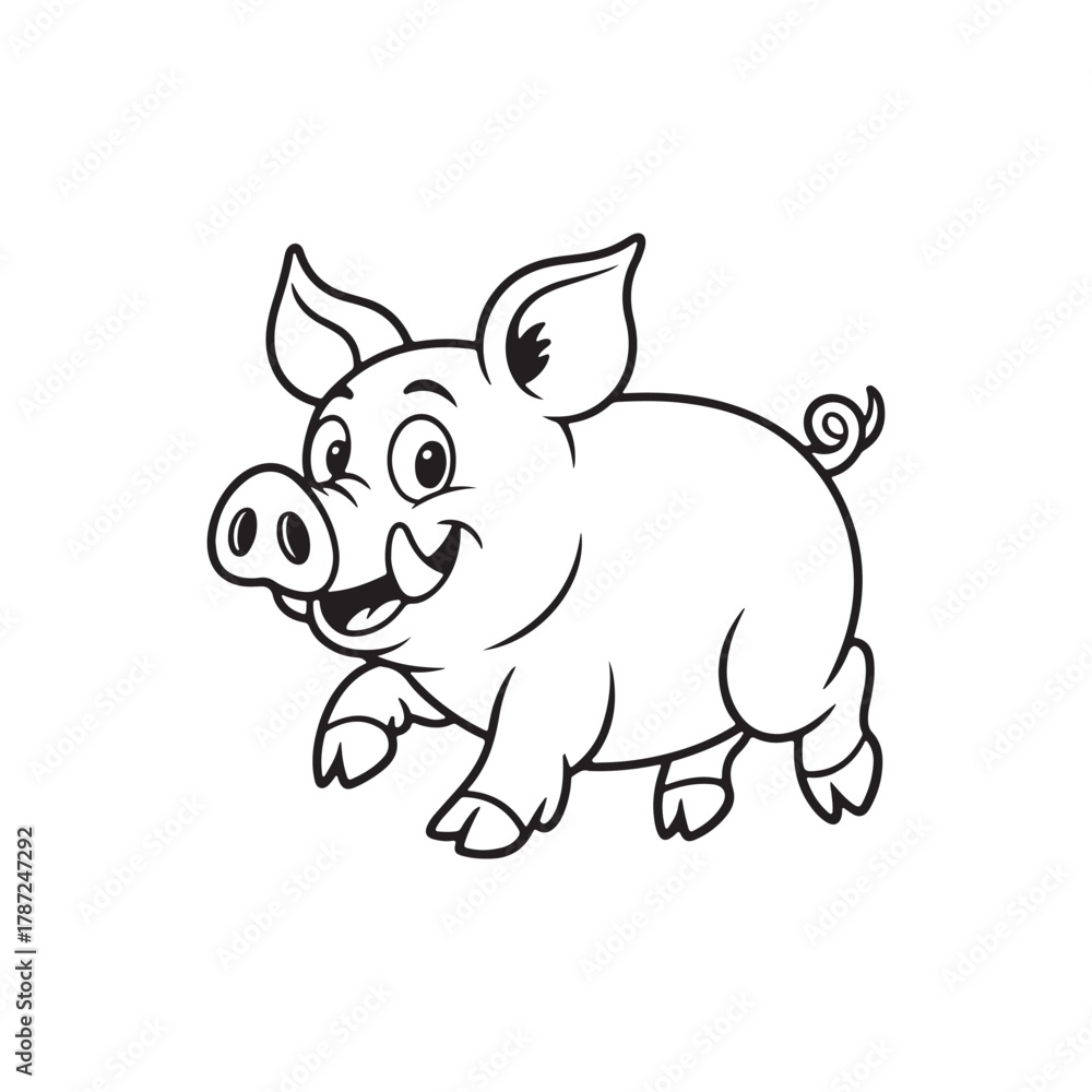Naklejka premium Cute Running Pig Cartoon Line Art Coloring Page