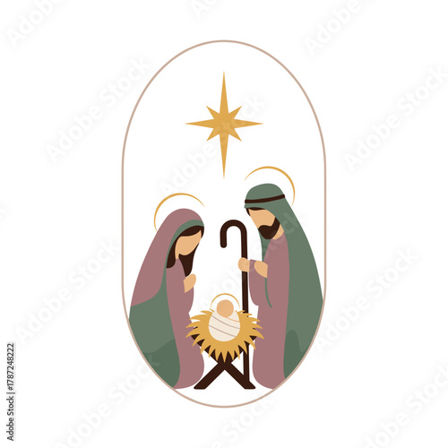 Nativity scene with Mary and Joseph admiring newborn Jesus Christ  