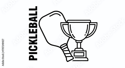 Black and white line art illustration of a pickleball paddle and a trophy, with the word 'PICKLEBALL' written vertically.