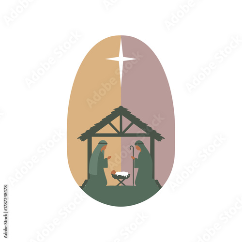 Nativity scene with Mary and Joseph gazing at newborn baby Jesus  