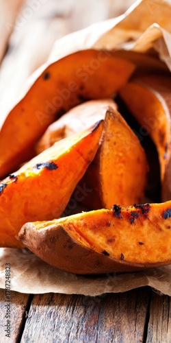 Roasted sweet potato wedges from paper bag