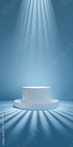 White product display podium on blue background with vertical spotlight