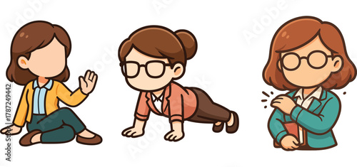 set woman characters kneeling and comforting injured person