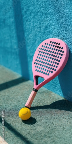 Pink padel racket and ball on blue court surface