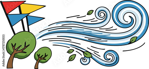 High wind vector. Illustration of air swirl, trees, and flags. Weather warning and storm clean line icon.