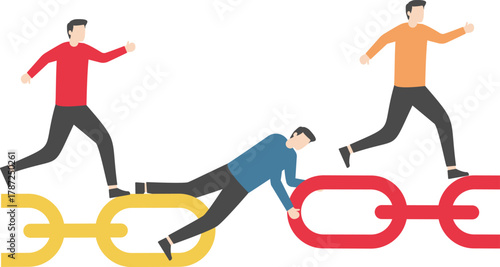 Solve business connection problems. Selfless businessman connecting chains together. Vector


