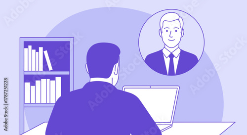 Man in video call with colleague working from home office setup editable stock