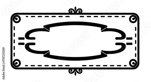 Ornate black and white frame with banner and dashed line border editable stock