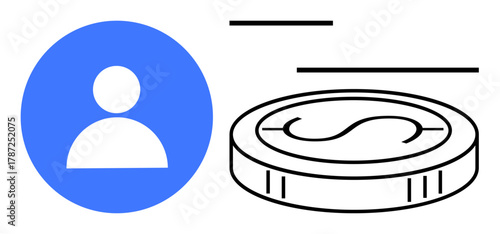 User profile symbol next to a coin with dollar sign and dynamic lines indicating transaction. Ideal for fintech, user-based payments, monetization, banking, currency, digital identity, simple flat