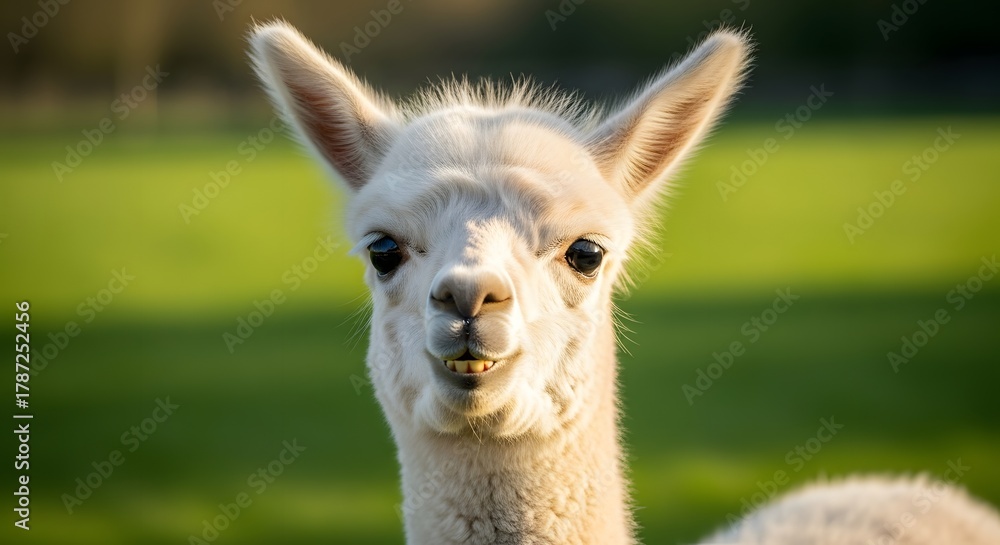 Naklejka premium Close-up of a cute alpaca with fluffy white fur and expressive eyes standing outdoors in a grassy field during daytime