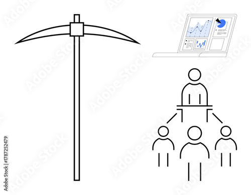 Pickaxe tool alongside a hierarchical figure diagram and data analytics on a laptop screen. Ideal for business strategy, mining, data analysis, hierarchy, leadership, infographic, process mapping