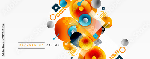 Abstract colorful design. Circles, squares, dots create dynamic composition. Modern background for various projects. Bright orange dominates.
