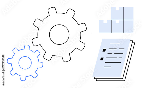 Interlocking gears, document stack, and boxes reflect process optimization, organization, and logistics. Ideal for productivity, efficiency, strategy, supply chain planning manufacturing simple