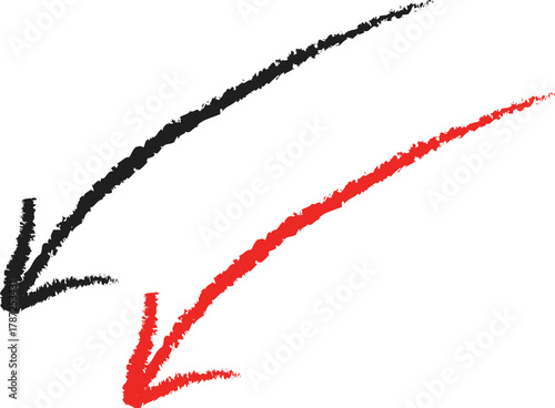 Two downward pointing arrows one in black and one in red drawn with a rough crayon like texture