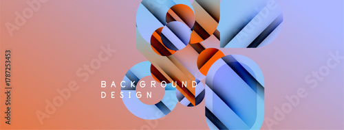 Abstract geometric shapes overlap, creating dynamic visual effect. Gradient background transitions from orange to blue hues. Modern design element.