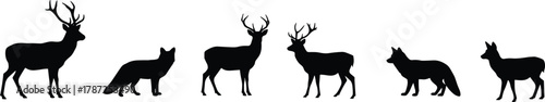 Animal silhouettes, deer and fox, wildlife illustration, forest animals, black shapes, antlers comparison, nature art, vector graphic, minimal design, isolated icons