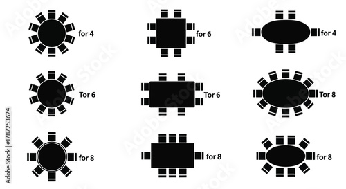 Various table shapes and seating arrangements for four six and eight editable stock