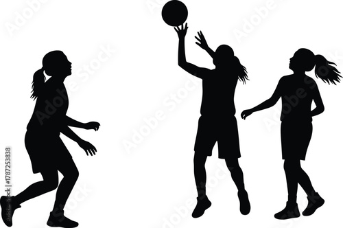 Basketball silhouettes, athletic motion, dynamic poses, sports action, jump shot, teamwork, fitness, black figures, isolated, white background, competitive energy