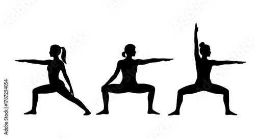 Silhouettes of women performing yoga poses on a white background editable stock