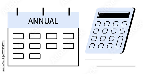 Annual calendar and calculator combining to represent budgeting, calculations, planning, finance, and productivity. Ideal for scheduling, event management, accounting, strategy goal setting simple