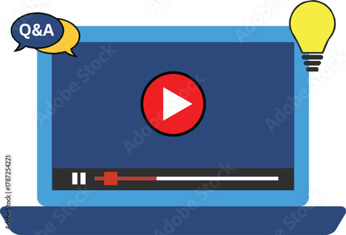 Virtual learning on laptop with video, question answer and new idea