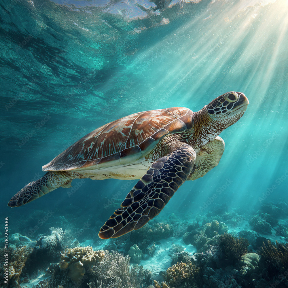 Fototapeta premium Serene Sea Turtle in Crystal Blue Ocean