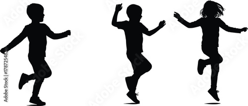 Children silhouette jumping, playful kids in motion, energetic childhood moment, happy dance pose, white background, freedom, joy, active lifestyle, fun