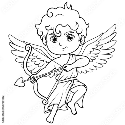 Cute Cupid with Bow and Arrow Line Art for Coloring Book