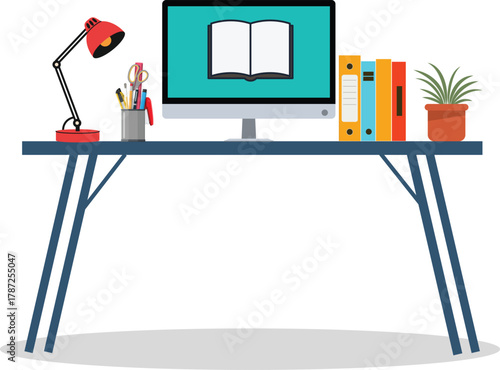 Modern home office workspace setup with computer and office supplies