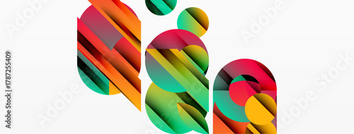 Abstract geometric shapes overlap, creating vibrant colorful composition. Modern design utilizes gradients, shadows, depth.