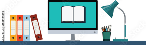 E-learning setup with computer, binders, and desk accessories