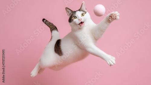 Dynamic scene of a cat playing with a ball suspended in the air during Pet Mental Health Month in a warm environment