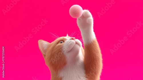 Dynamic scene of a cat playing with a ball suspended in the air during Pet Mental Health Month in a warm environment